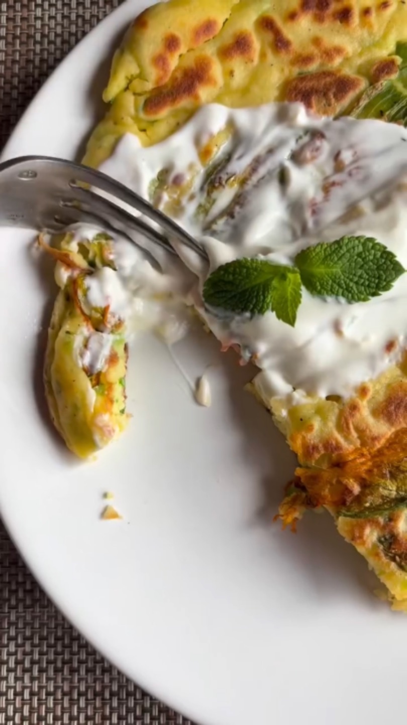 Zucchini Flower Pancakes, from the reel
